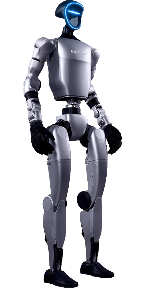 Humanoider Roboter Unitree G1 in ganzer Figur, ohne Kostüm — die Basis für Ihr Branding