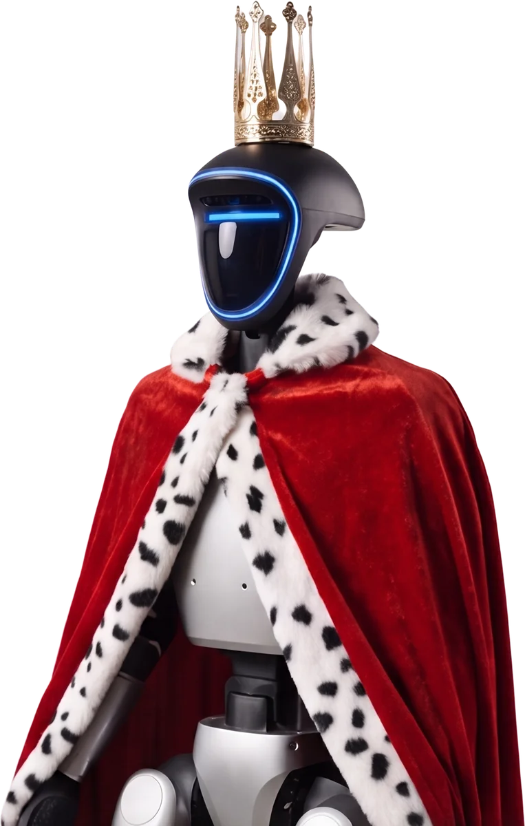 König Ludwig II., humanoider Unitree-G1-Roboter, mit Krone und rotem Umhang